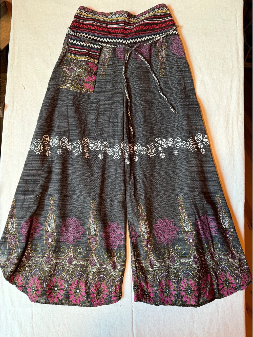Bohemian Style Wide Leg Pants with Colorful Waistband and Floral Pattern